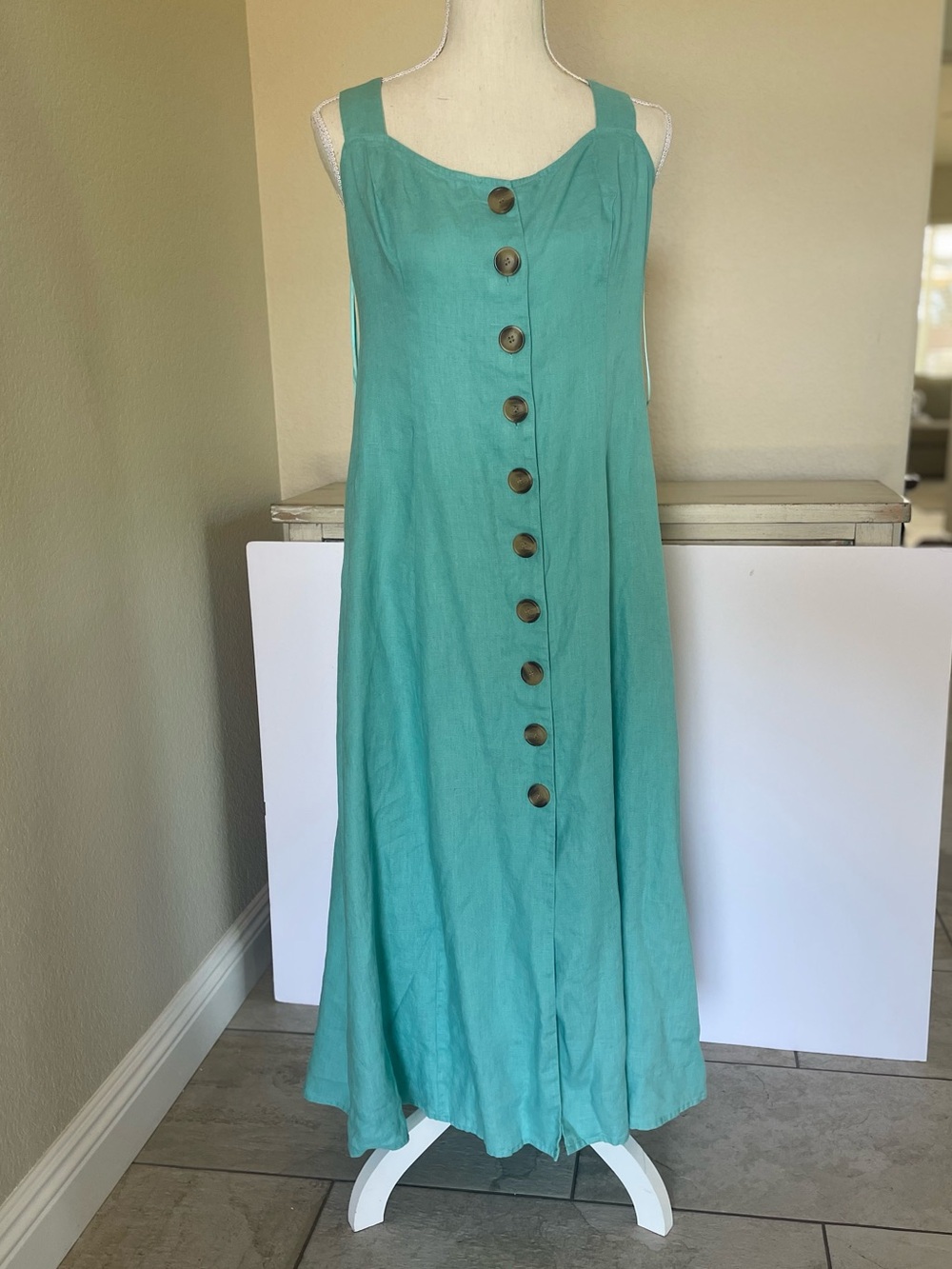 VINCE CAMUTO Linen Sleeveless Button-Front Teal Midi Dress SZ MED